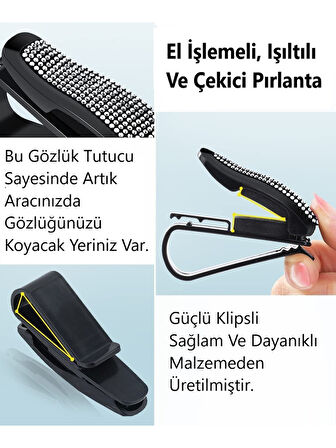 Araç İçi Gözlük ve Kart Tutucu 2 Adet Kristal Taşlı Işıltılı Klipsli Güneşlik Organizer Gümüş