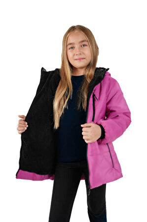 İçi Kürklü Su ve Rüzgar Geçirmez Kapüşonlu Kız Çocuk Mont