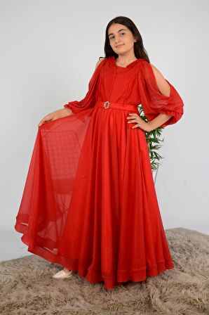 Omuz Koldan Açıklı Hayal Tül Fırfırlı Broş Toka Detaylı Mezuniyet Prenses Model Abiye