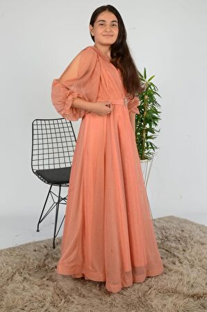 Omuz Koldan Açıklı Hayal Tül Fırfırlı Broş Toka Detaylı Mezuniyet Prenses Model Abiye