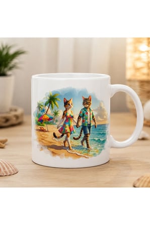 Romantik Kedi Çifti Tasarım Seramik Kupa Bardak 300 ml | Çift Taraflı Kupa | Kedi Severlere Hediye | Sevgiliye Özel Kahve Kupası