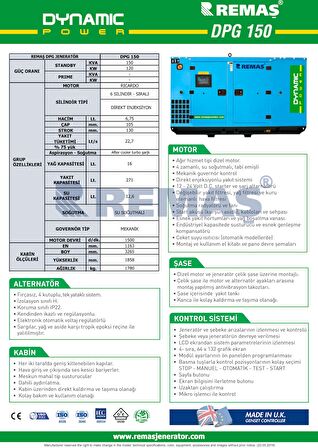 DYNAMIC DPG 150 KVA KABİNLİ TAM OTOMATİK DİZEL JENERATÖR