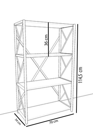 4 Raflı Metal Kitaplık - Meşe