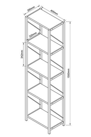 5 Raflı Metal Dar Kitaplık Dekoratif Kitaplık Meşe 