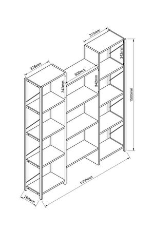 Hibrit 12 Raflı Metal Kitaplık Meşe