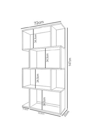 Kadu 4 Raflı Asimetrik Kitaplık - Antrasit - Beyaz