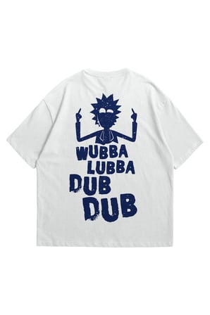 Unisex Beyaz Oversize T-Shirt - Rick and Morty Wubba Lubba Baskılı %100 Pamuklu Bisiklet Yaka Tişört
