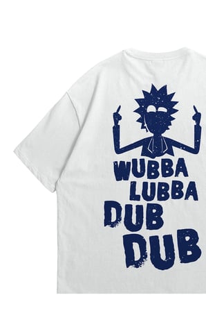 Unisex Beyaz Oversize T-Shirt - Rick and Morty Wubba Lubba Baskılı %100 Pamuklu Bisiklet Yaka Tişört