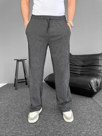 Su Yolu Çizgili Cepli Pantalon - Siyah