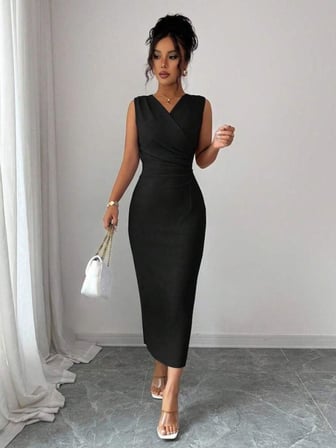 Kadın Kolsuz Kruvaze Yakalı Midi Janjan Krep Elbise