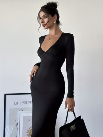 Kadın Uzun Kollu Derin Gögüs Detaylı Belden Bağcıklı Uzun Dalgıç Elbise