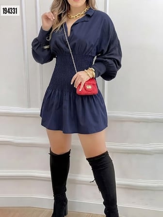Kadın Uzun Kollu Yakalı Beli Lastikli Trikoton Elbise