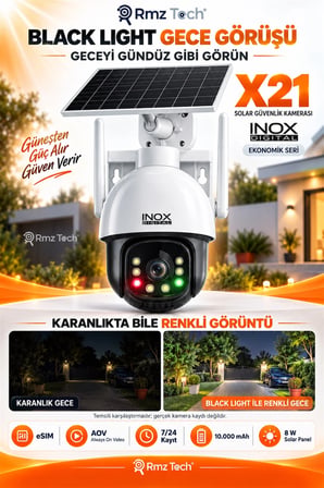 INOX X21 Solar eSIM Güvenlik Kamerası Black Light Renkli Gece Görüşü AOV 7/24 Kayıt 10000 mAh 8W Pan