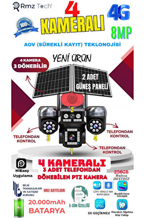 Avenir AV-S946 4 Kameralı (3 Motorlu+ 1 Sabit) 8MP E Sim 4G Sim Kartlı PTZ Kamera | Gece Renkli Görüş