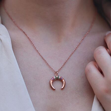 Hilal Model Renkli Zirkon Taşlı Asansörlü Rose Gold Kaplama Gümüş Kolye