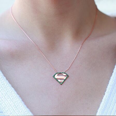 Superman Yeşil Zirkon Taşlı Rose Gold Kaplama Gümüş Kolye