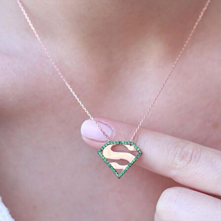 Superman Yeşil Zirkon Taşlı Rose Gold Kaplama Gümüş Kolye