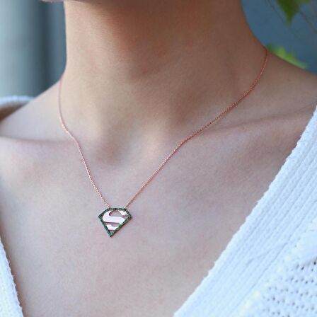 Superman Yeşil Zirkon Taşlı Rose Gold Kaplama Gümüş Kolye