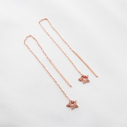 Yıldız Zirkon Taşlı Rose Gold Kaplama Gümüş Zincir Küpe