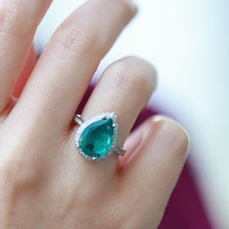 Paraiba Turmalin Taşlı Damla Modeli Gümüş Yüzük