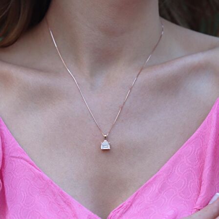 Rose Gold Kaplama Dikdörtgen Baget Taşlı Gümüş Takm