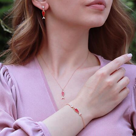 Mine İşli Kırmızı Balık Model Zirkon Taşlı Rose Gold Kaplama Gümüş Set