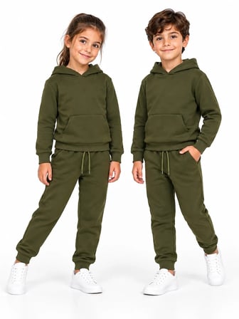 Unisex Kız Erkek Çocuk Haki 3 İplik Kapüşonlu Kanguru Cepli Eşofman Takımı