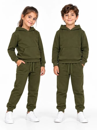 Unisex Kız Erkek Çocuk Haki 3 İplik Kapüşonlu Kanguru Cepli Eşofman Takımı