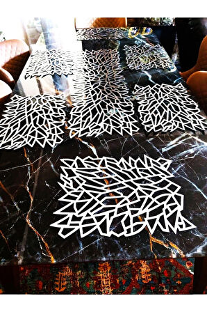 BF AKSESUAR SUNİ DERİ RUNNER VE 6 LI AMERİKAN SERVİS SETİ YAPRAK DESEN GÜMÜŞ RENK