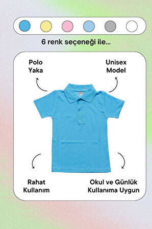 Turkuaz Kısa Kol Düz Renk Yakalı 6-17 Yaş Çocuk Okul Lakos Tişört Polo Yaka T-shirt 