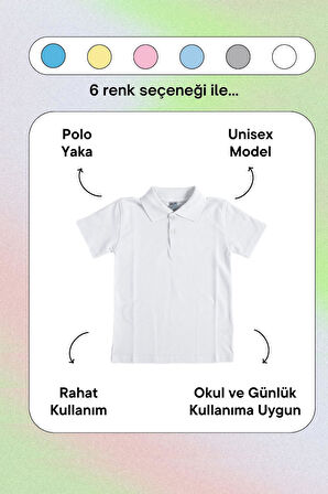 Beyaz Kısa Kol Düz Renk Yakalı 6-17 Yaş Çocuk Okul Lakos Tişört Polo Yaka T-shirt 