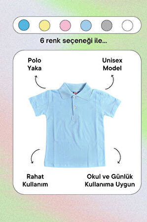 Mavi Kısa Kol Düz Renk Yakalı 6-17 Yaş Çocuk Okul Lakos Tişört Polo Yaka T-shirt 