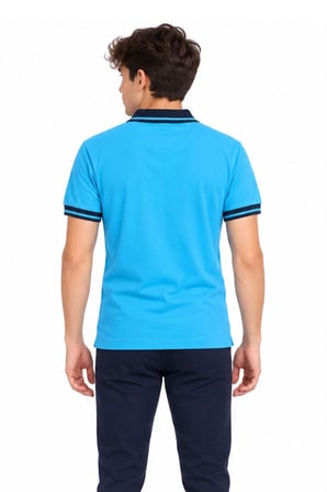 Lacivert Yakalı Turkuaz Kısa Kol Düz Renk Lakos Tişört Polo Yaka T-shirt 