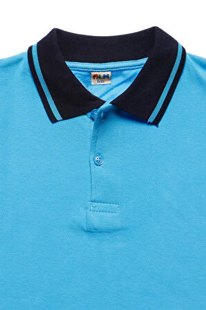 Lacivert Yakalı Turkuaz Kısa Kol Düz Renk 6-17 Yaş Çocuk Okul Lakos Tişört Polo Yaka T-shirt 