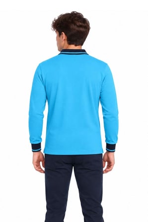 Lacivert Yakalı Turkuaz Uzun Kol Düz Renk Lakos Sweat Polo Yaka Sweatshirt
