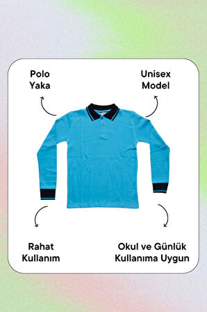 Lacivert Yakalı Turkuaz Uzun Kol 6-17 Yaş Çocuk Okul Lakos Sweat Polo Yaka Düz Renk 