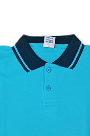 Lacivert Yakalı Turkuaz Uzun Kol 6-17 Yaş Çocuk Okul Lakos Sweat Polo Yaka Düz Renk 