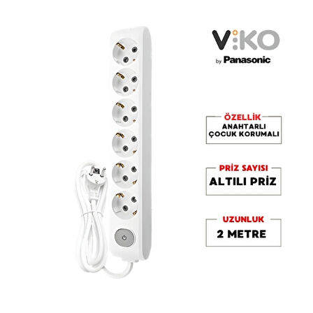 Viko | Altılı Grup Priz, Anahtarlı Topraklı - Çocuk Korumalı Çoğaltıcı Priz, 6'lı, 2 m, Beyaz