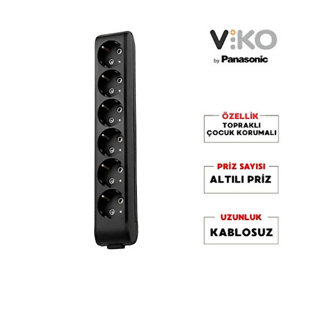 Viko | Altılı Grup Priz, Topraklı - Çocuk Korumalı Çoğaltıcı Priz, 6'lı, Kablosuz, Siyah