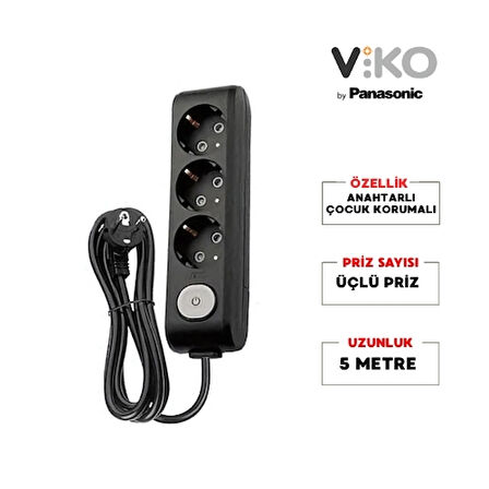 Viko | Üçlü Grup Priz, Anahtarlı Topraklı - Çocuk Korumalı Çoğaltıcı Priz, 3'lü, 5 m, Siyah