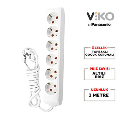 Viko |  Altılı Grup Priz, Topraklı - Çocuk Korumalı Çoğaltıcı Priz, 6'lı, 1 m, Beyaz   