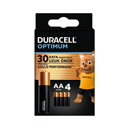 Duracell | Optimum AA Alkalin Kalem Pil, 4'lü Paket, 1.5V, Uzun Ömürlü Güç, Yüksek Performanslı Cihazlar İçin