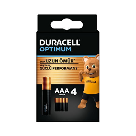 Duracell | Optimum AAA Alkalin İnce Kalem Pil, 1.5V 4'lü Paket, Uzun Ömürlü Güç, Yüksek Performanslı Cihazlar