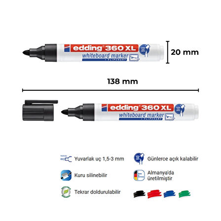 Edding | Cap-Off Beyaz Tahta Kalemi E-360XL Jumbo Boy, Siyah, Yuvarlak Uçlu, 1.5-3 mm, Doldurulabilir