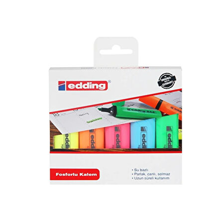 Edding | Fosforlu Kalem Seti E-344, 5'li Paket, 2-5 mm Kesik Uç, Su Bazlı Mürekkep
