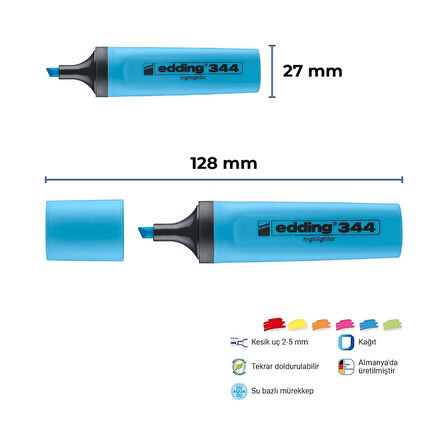 Edding | Fosforlu Kalem E-344, Mavi, 2-5 mm Kesik Uç, Su Bazlı Mürekkep, Hızlı Kuruyan, Doldurulabilir