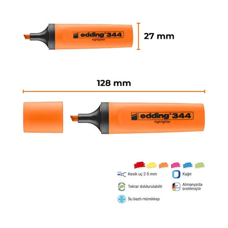 Edding | Fosforlu Kalem E-344, Turuncu, 2-5 mm Kesik Uç, Su Bazlı Mürekkep, Hızlı Kuruyan, Doldurulabilir