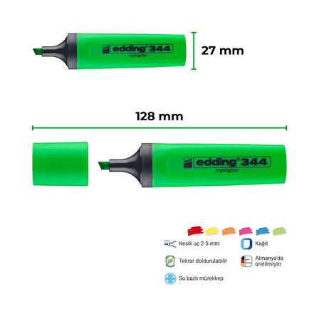 Edding | Fosforlu Kalem E-344, Yeşil, 2-5 mm Kesik Uç, Su Bazlı Mürekkep, Hızlı Kuruyan, Doldurulabilir