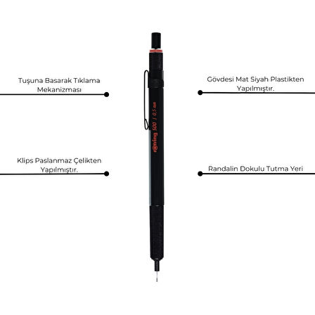 Rotring | 500 Versatil Kalem 0.5 mm Siyah, Metal Tutuşlu, Teknik Çizim İçin