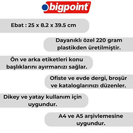 Bigpoint | Plastik Kutu Klasör, Mavi, Dayanıklı ABS Malzeme, Dikey ve Yatay Kullanım, A4 ve A5 Uyumlu